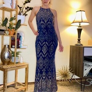 🦋Vintage 90’s Navy Blue w/ Gold Dust Art Deco Bodycon Maxi Prom Gown By Jump​​